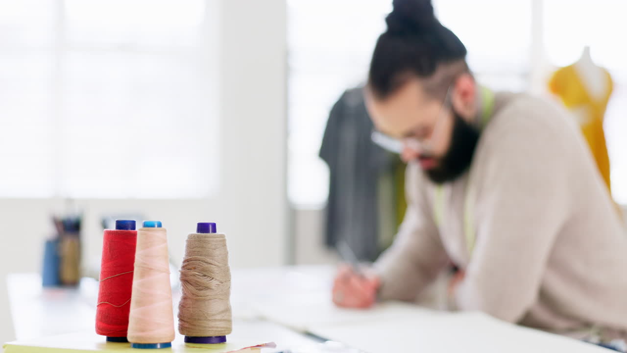 Thread, fashion designer and man drawing idea
