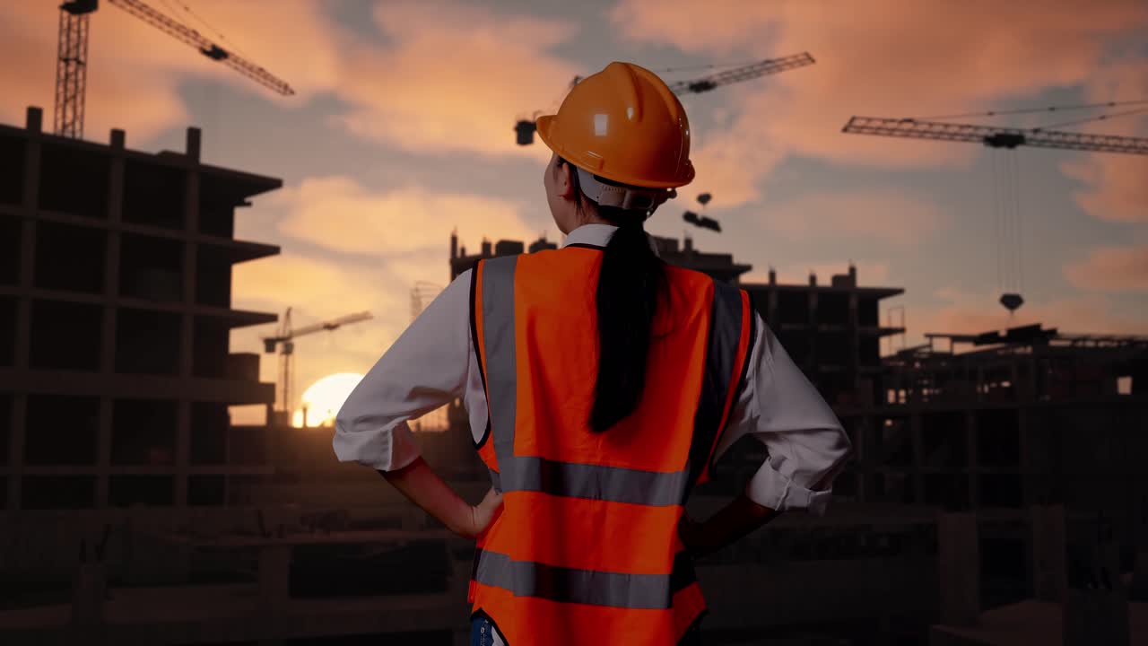 Back View Of A Female Engineer Wearing Safety Helmet Looking Around While Standing With Arms Akimbo At Construction Site in Progress to New House