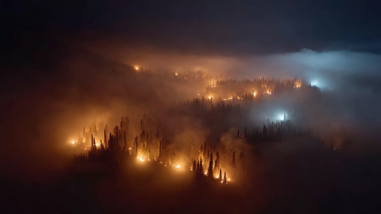 Dramatic Aerial View of a Forest Fire Surrounded by Dense Smoke and Low Visibility, Creating a Haunting Atmosphere Amidst the Night Sky