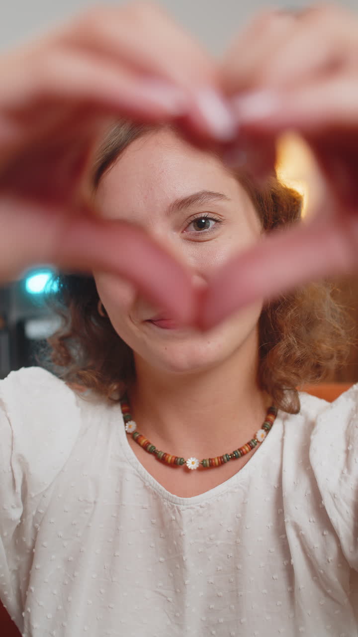 una joven blanca feliz sentada en el sofá hace un símbolo de amor mostrando un signo de corazón a la cámara