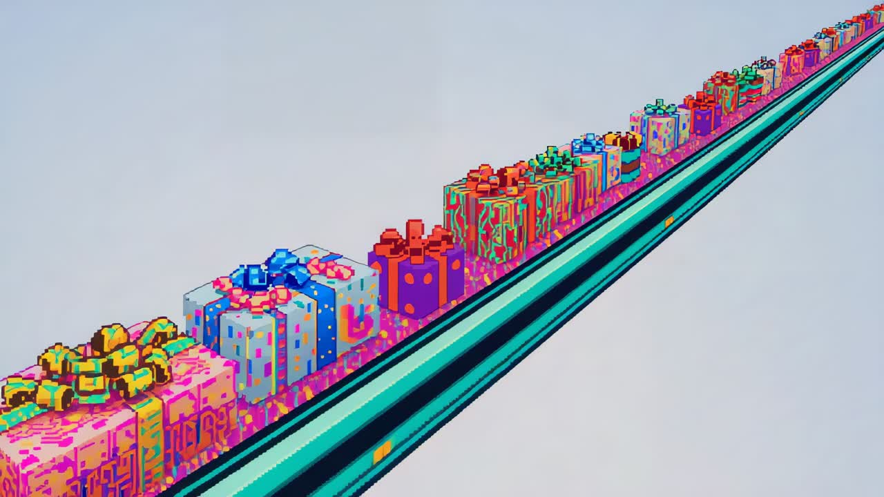 Starting conveyor pushing row of wrapped gift boxes traveling along cyan rail in studio, with bows