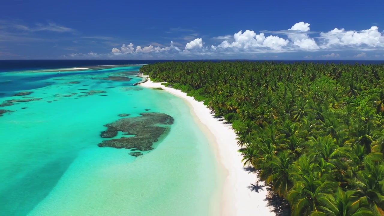 Vista aerea di un'isola tropicale con spiaggia di sabbia bianca e oceano turchese