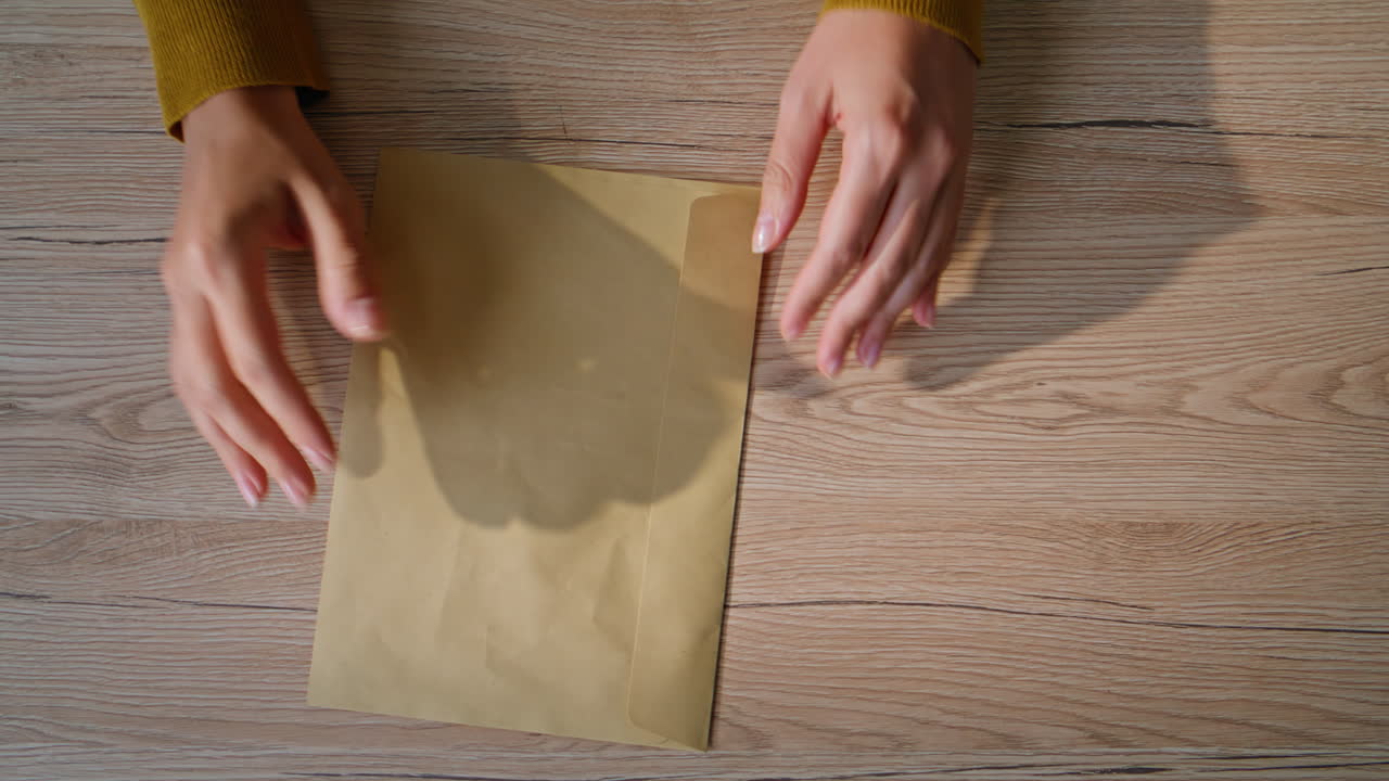 Hands placing dollars envelope on office desk closeup top view. Unknown woman