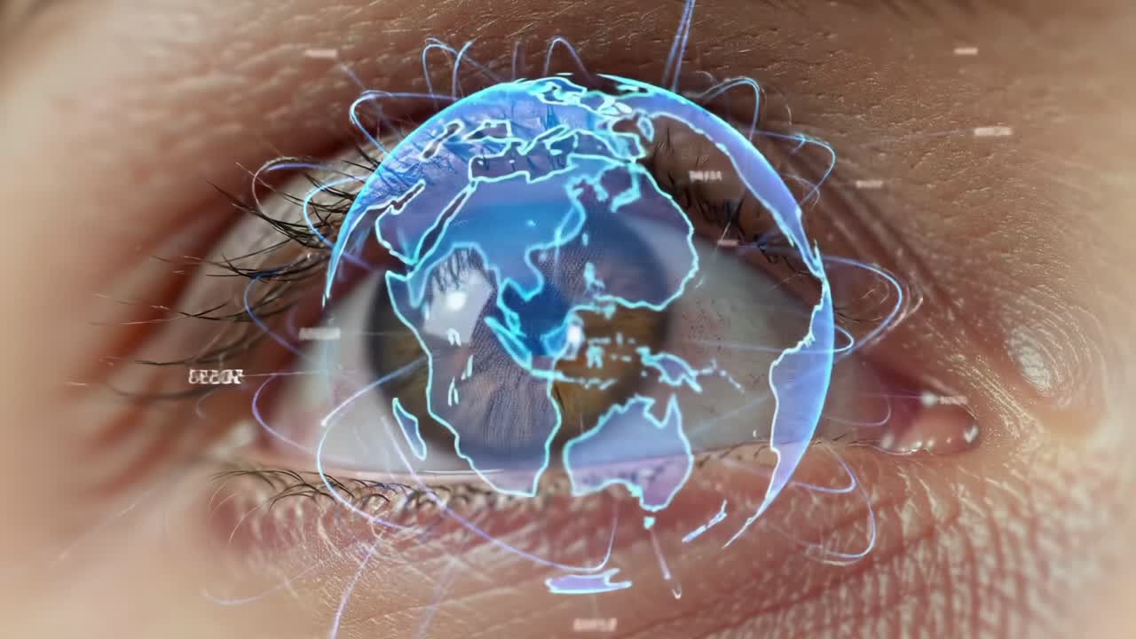 A Captivating Concept of Global Vision: An Eye Reflecting a Digital Representation of Earth, Blending Human Perception with Modern Technology and Connectivity