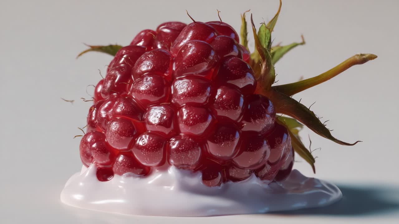 A Close-Up Look at a Succulent Raspberry Topped with Creamy White Yogurt, Showcasing Its Juicy Red Berries and Green Leaves on a Smooth Surface