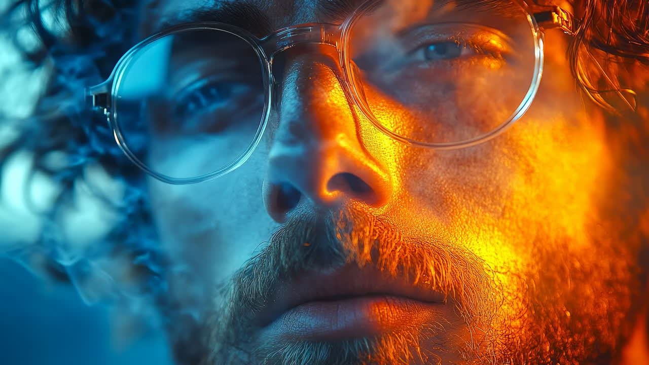 Man with glasses in unique light. A man with curly hair and glasses gazes directly at the camera, bathed in warm, colorful light