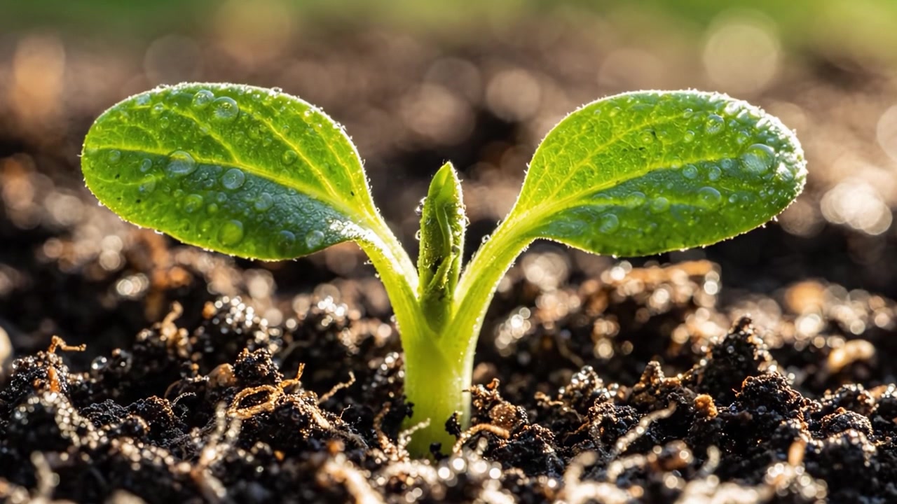 Il viaggio trasformativo dal seme al germoglio: testimoniando il ciclo vitale e la crescita di una pianta che emerge da un terreno ricco con foglie rugiadose che brillano alla luce naturale