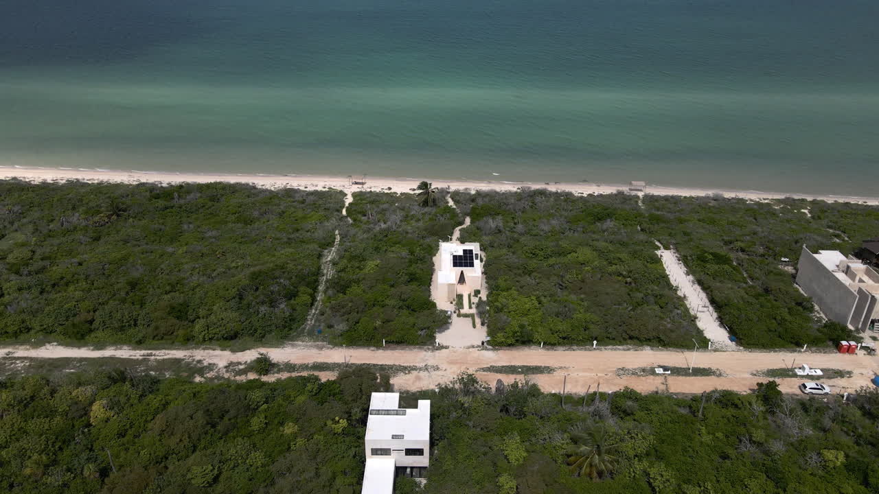 Sisal Aerial View 4K Empty Yucatan Beach On Mexican coast travelling drone