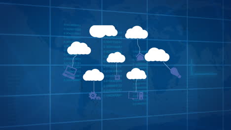 animation of clouds with technology icons over graphs and data on blue background