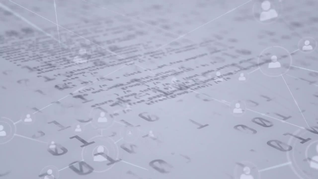 Network of profile icons against binary coding data processing on on white background