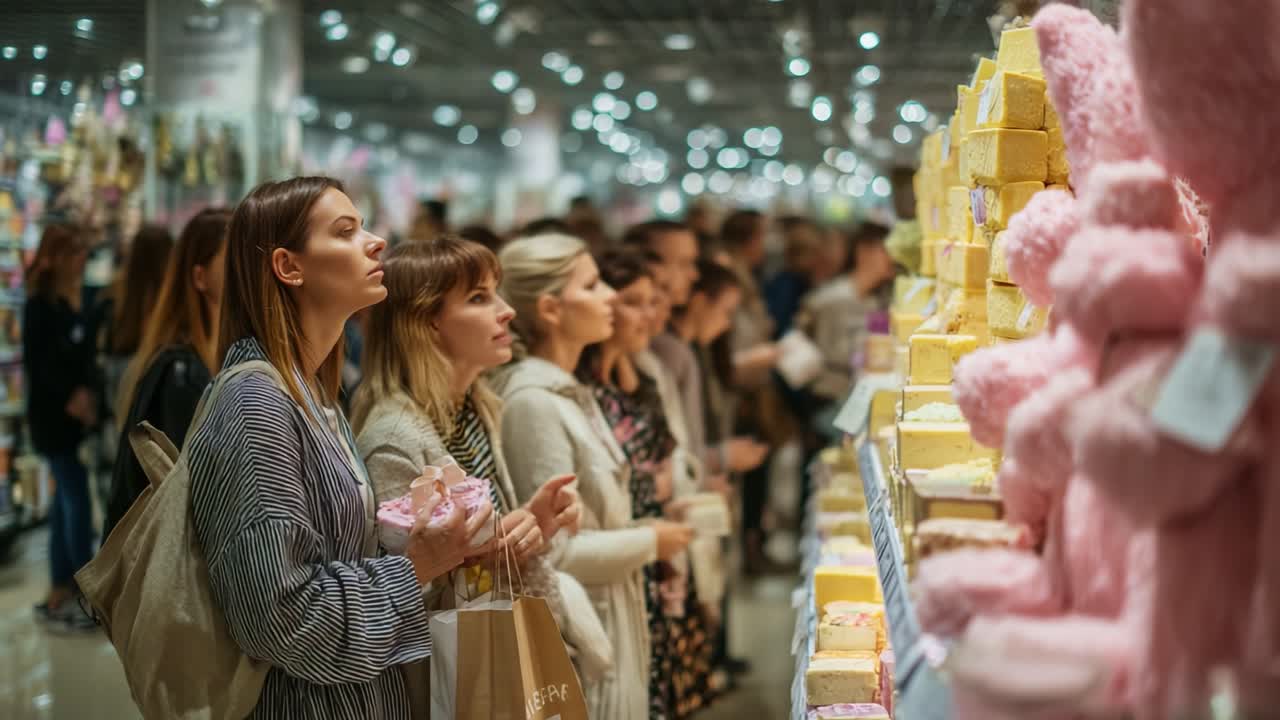 A Captivating Shopping Experience: Customers Intently Observing a Display of Colorful Goods in a Vibrant Retail Environment Filled with Enthusiasm and Excitement