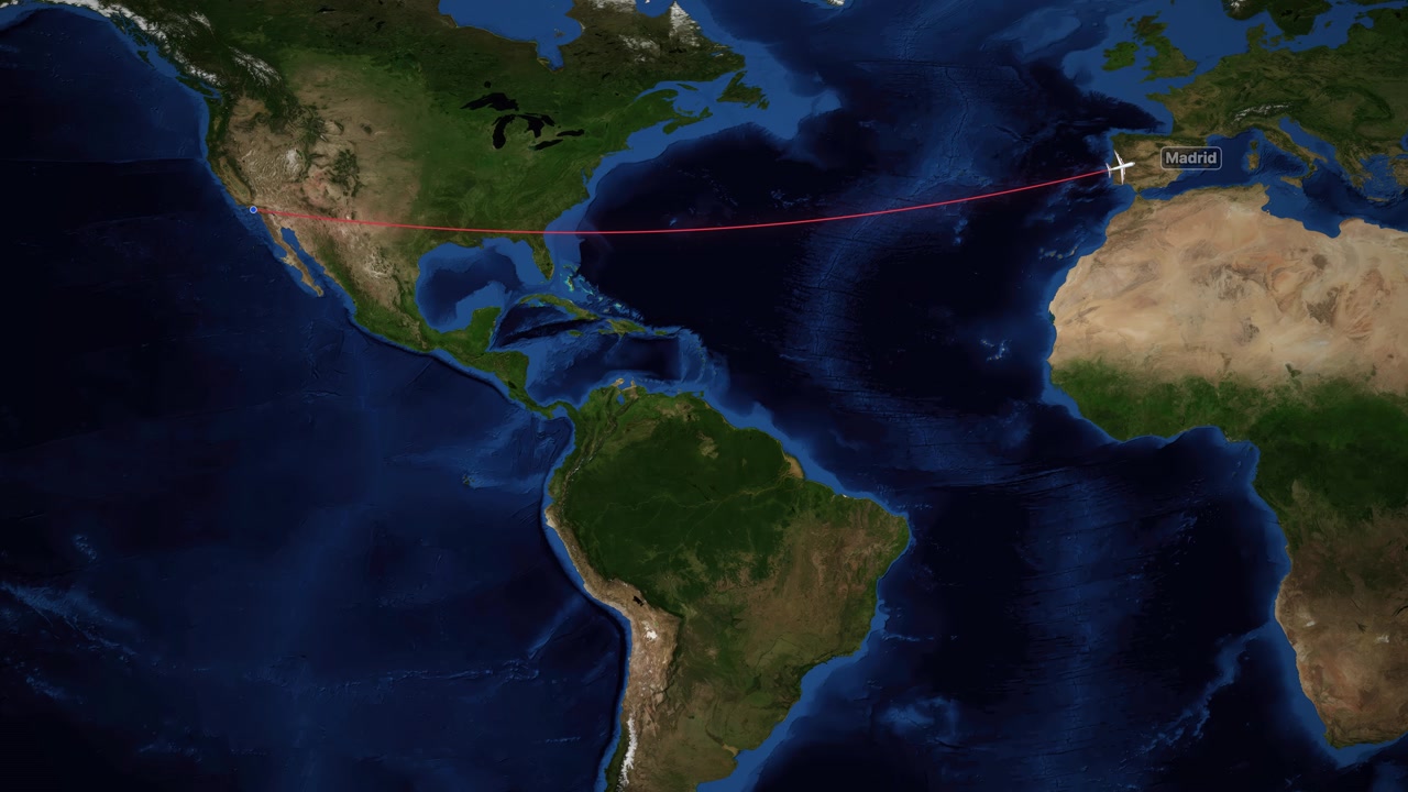 Airplane icon follows red flight path from Los Angeles to Madrid on satellite map
