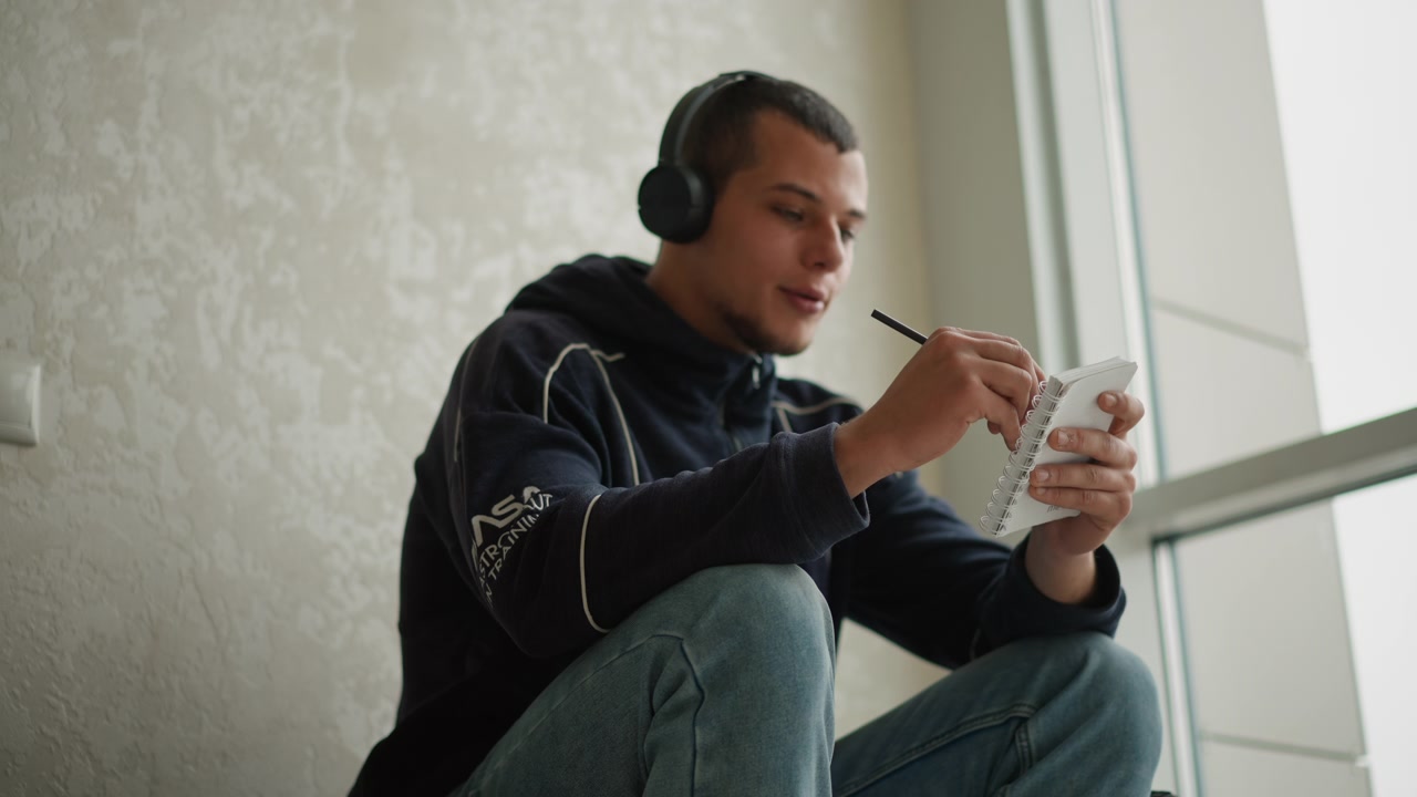 Close up of young man wearing headphones writing in notebook while sitting indoors near window. Notebook and pen are held steadily as man focuses on task with soft natural light illuminating
