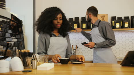 joven barista afroamericana haciendo café detrás de la barra mientras su compañero de trabajo revisa la variedad de café y té en la cafetería