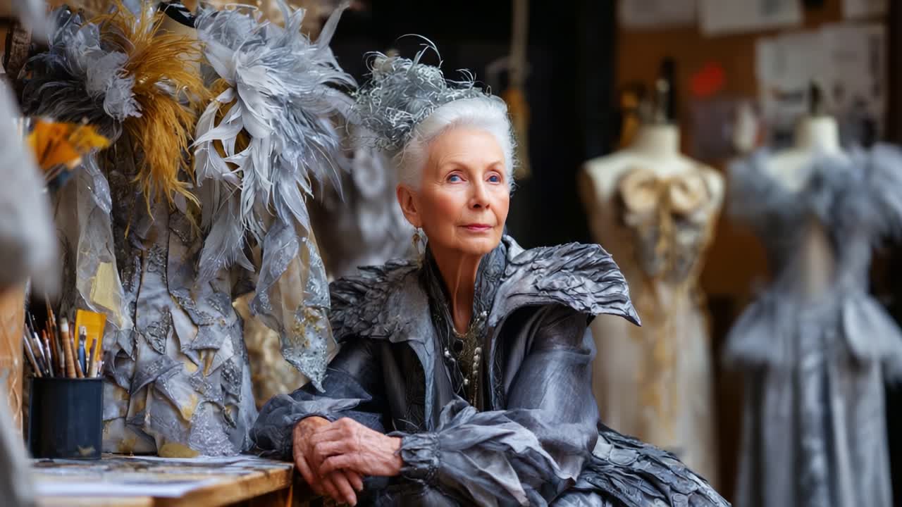 Elegant Fashion Designer in Stunning Silver Ensemble Reflects on Creations Amidst Resplendent Couture Background, Celebrating the Artistry and Craft of Haute Couture Design