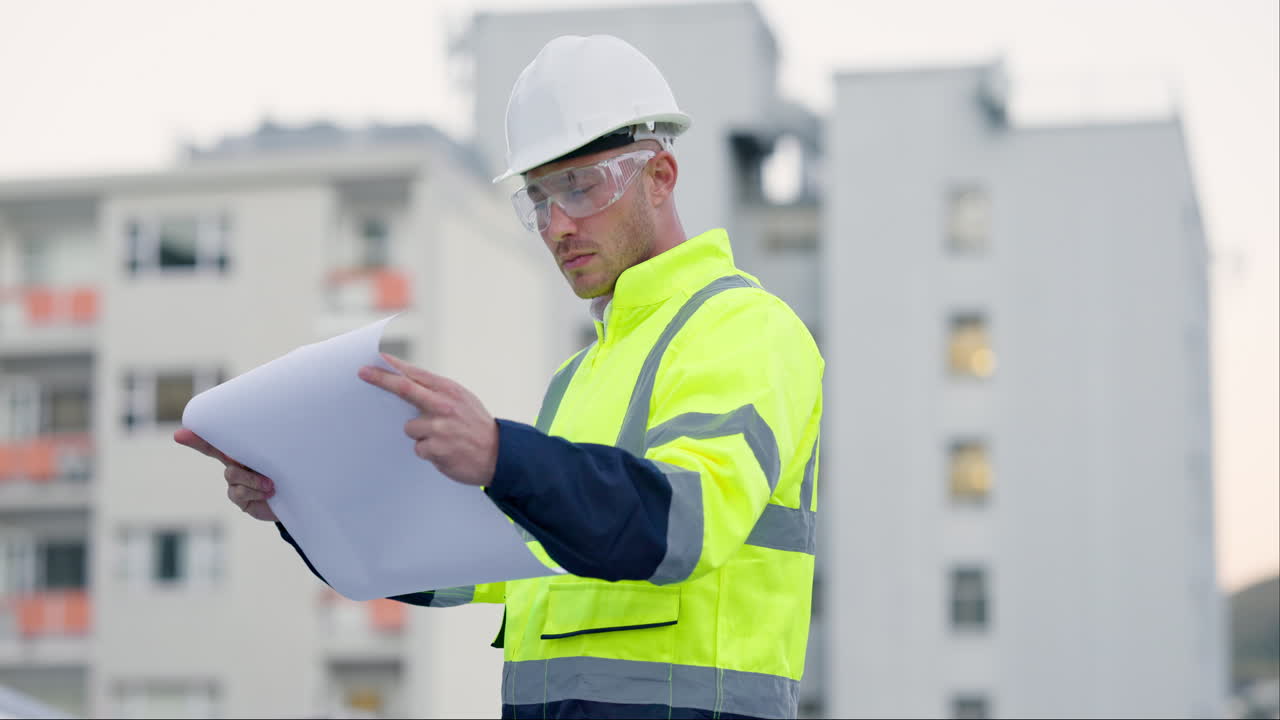 ingeniería, planos y hombre con papel en la ciudad