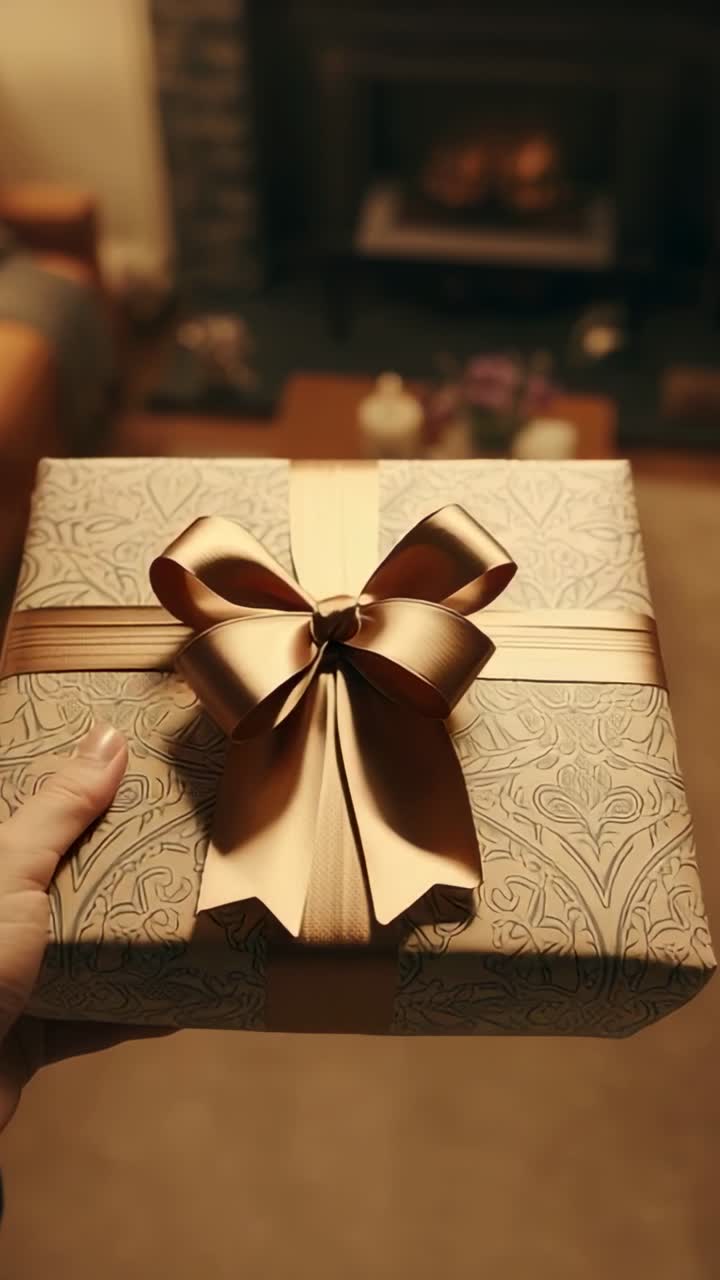Vertical video: Entering hand grasping gift box angling to show bow in living room with fireplace