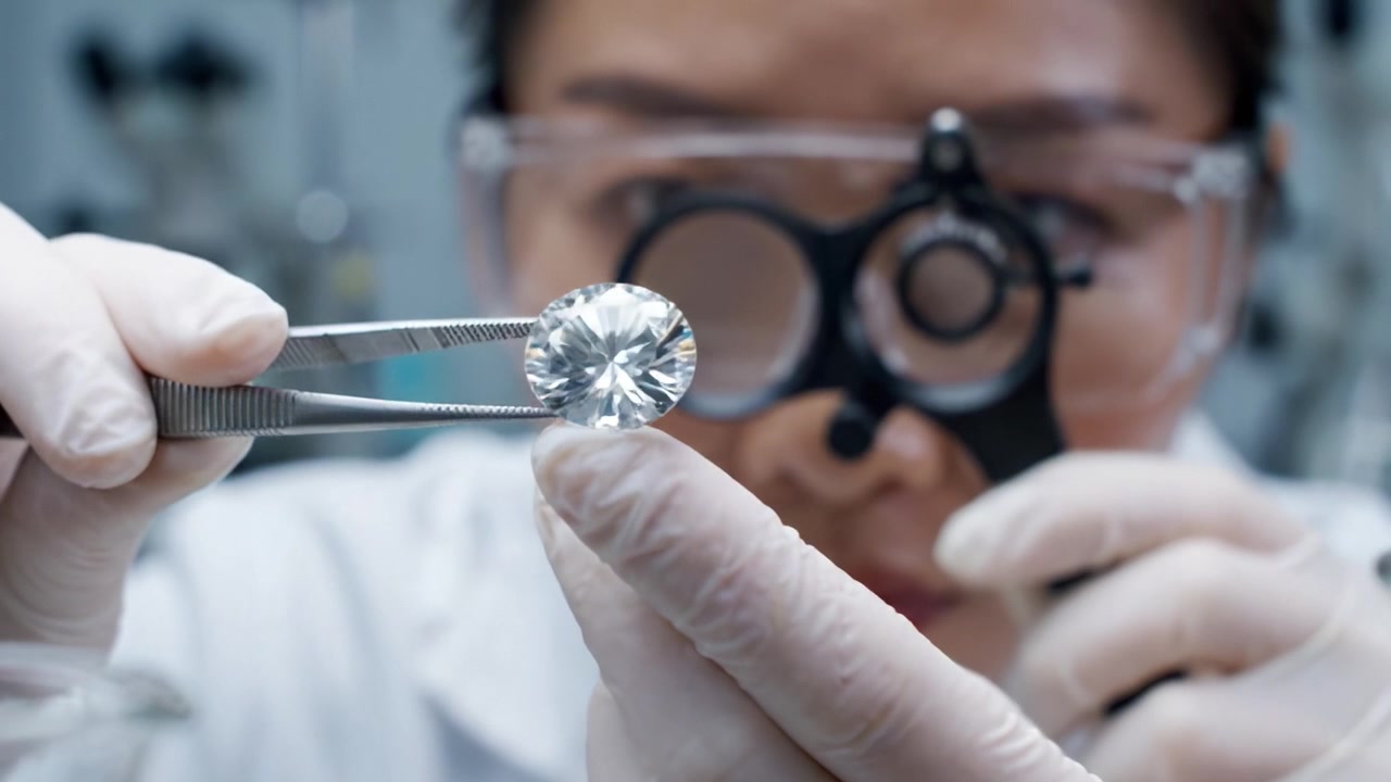Uno specialista di laboratorio analizza una gemma brillante sotto ingrandimento, utilizzando strumenti di precisione e dispositivi di sicurezza per garantire accuratezza e dettaglio nell'esame.