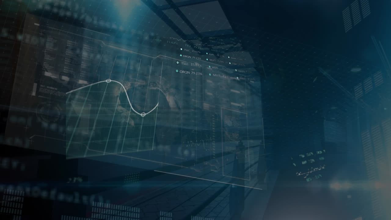 Animation of financial data processing over cityscape