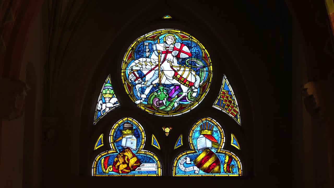 Stained glass windows inside Malbork Castle. Historic Fortress with rich history
