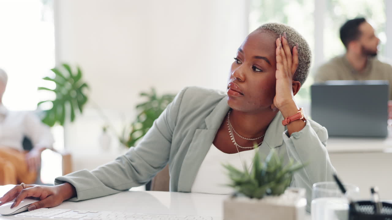 Office, work and black woman tired