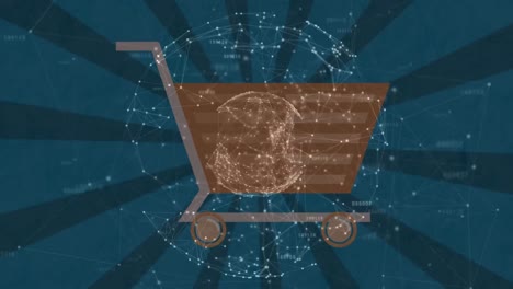 animation of rotating globe with network of connections over shopping cart