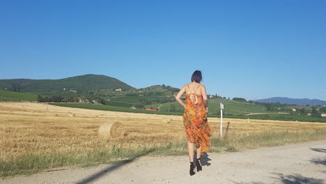 young brunette girl walking towards a wheat field at the beginning of summer