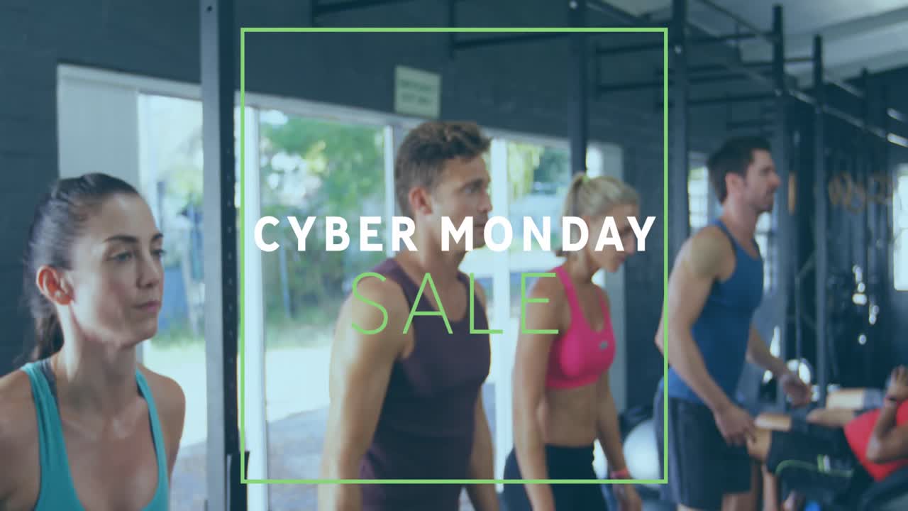 사이버 월요일 판매 텍스트의 애니메이션, 체육관에서 점프 운동을 하는 다양한 사람들의 그룹