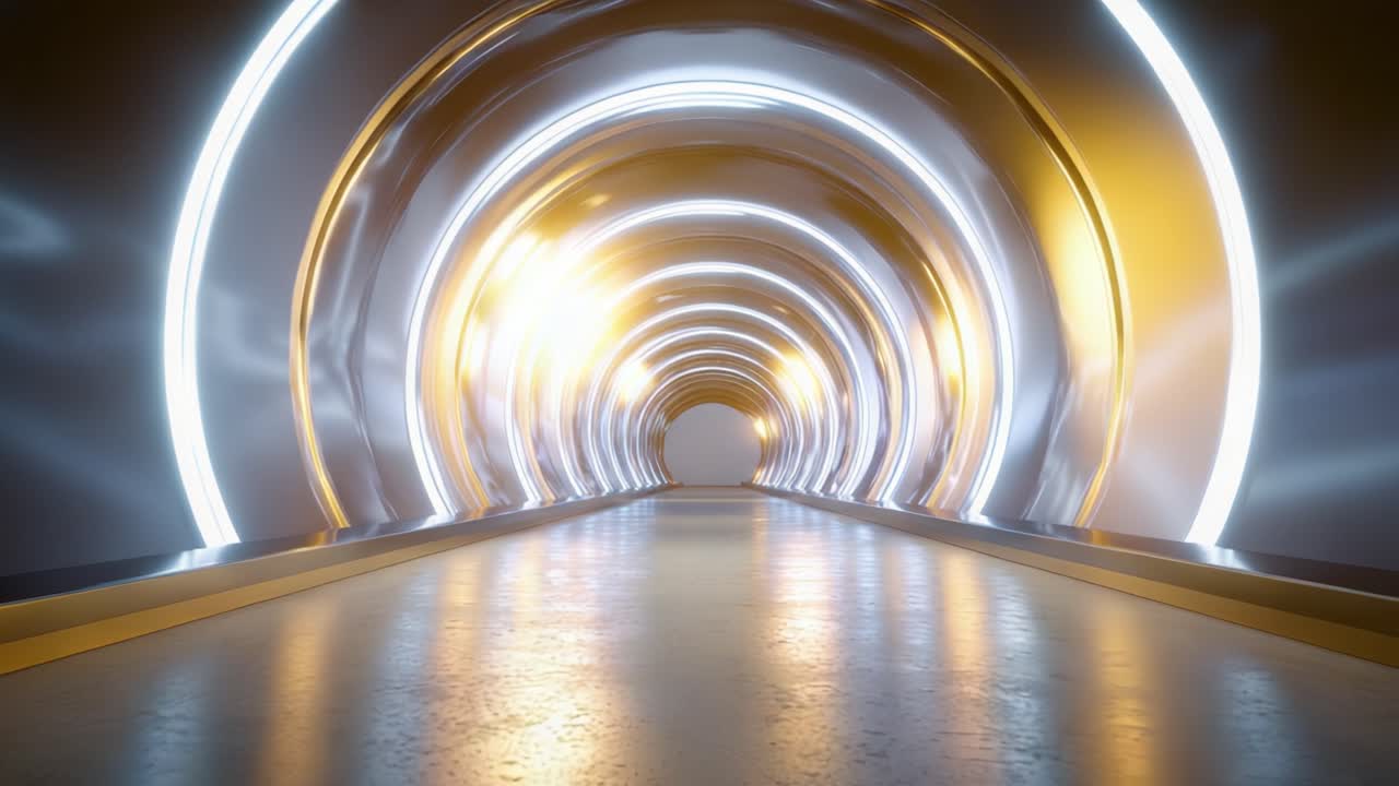 Un viaggio affascinante attraverso un tunnel luminoso, che mostra vivaci effetti di luce e texture morbide in un ambiente futuristico che invita all'esplorazione.