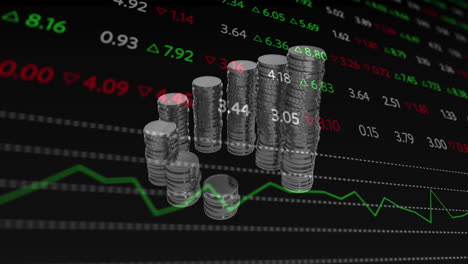 animación del procesamiento de datos financieros sobre pilas de monedas