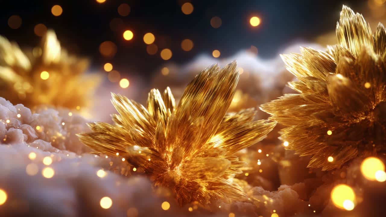 A stunning close-up view of shimmering golden crystals surrounded by soft, ethereal light, showcasing intricate details and sparkling highlights that create a mesmerizing visual spectacle of beauty and elegance