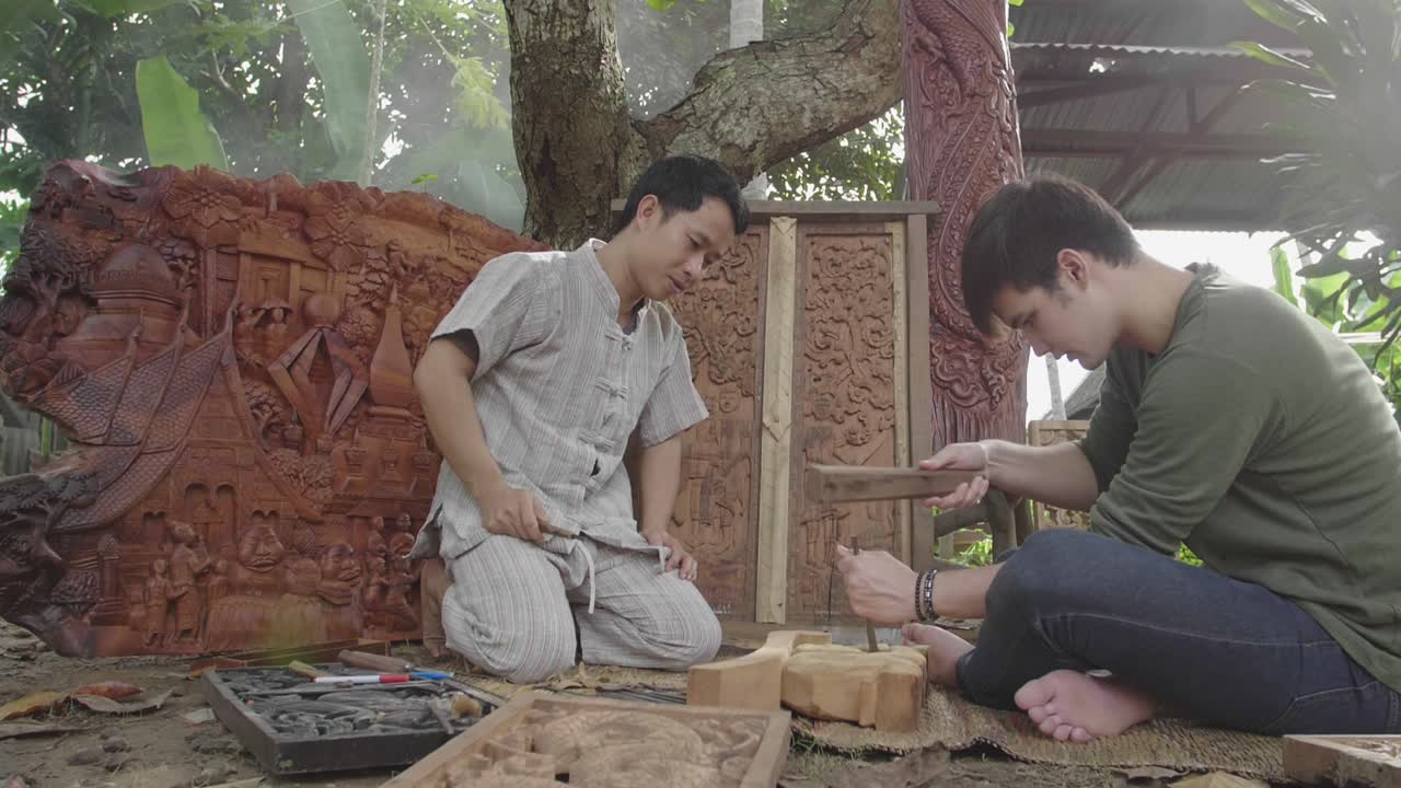 Young Man Learning To Carve Wooden , Slow Motion