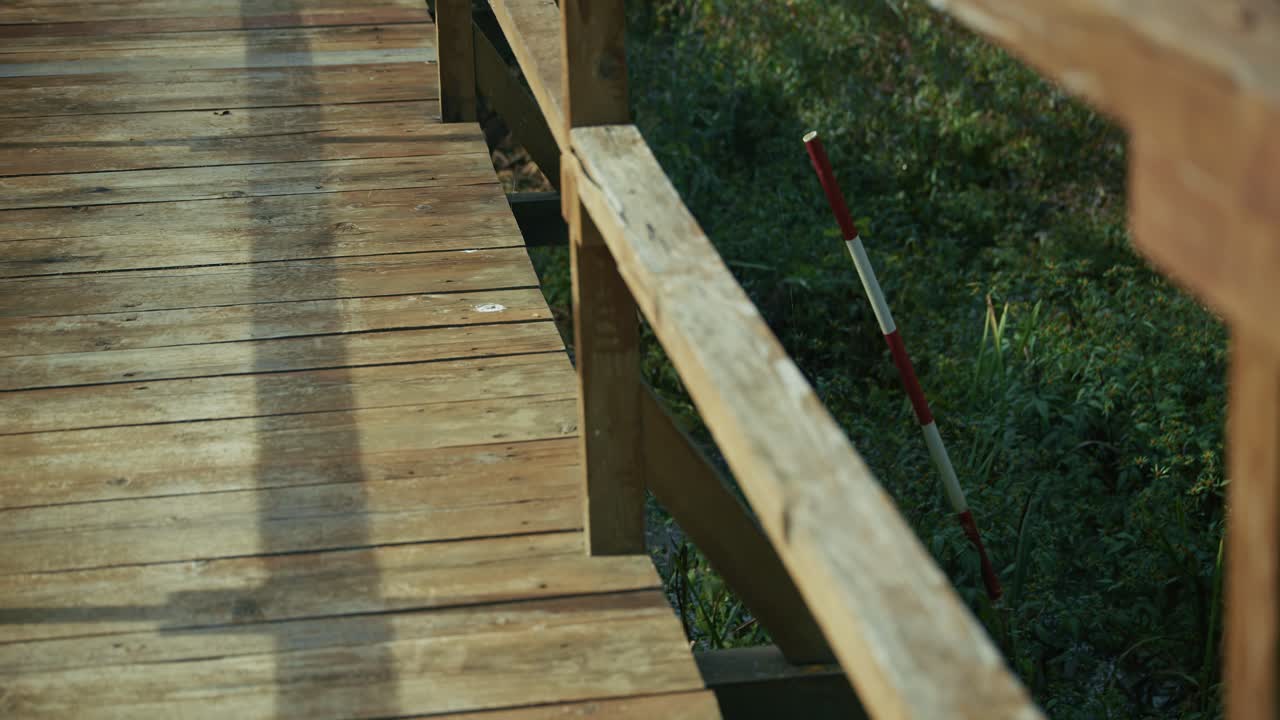 Aged wooden bridge with sturdy railing crossing over lush greenery in Lonjsko Polje Krapje
