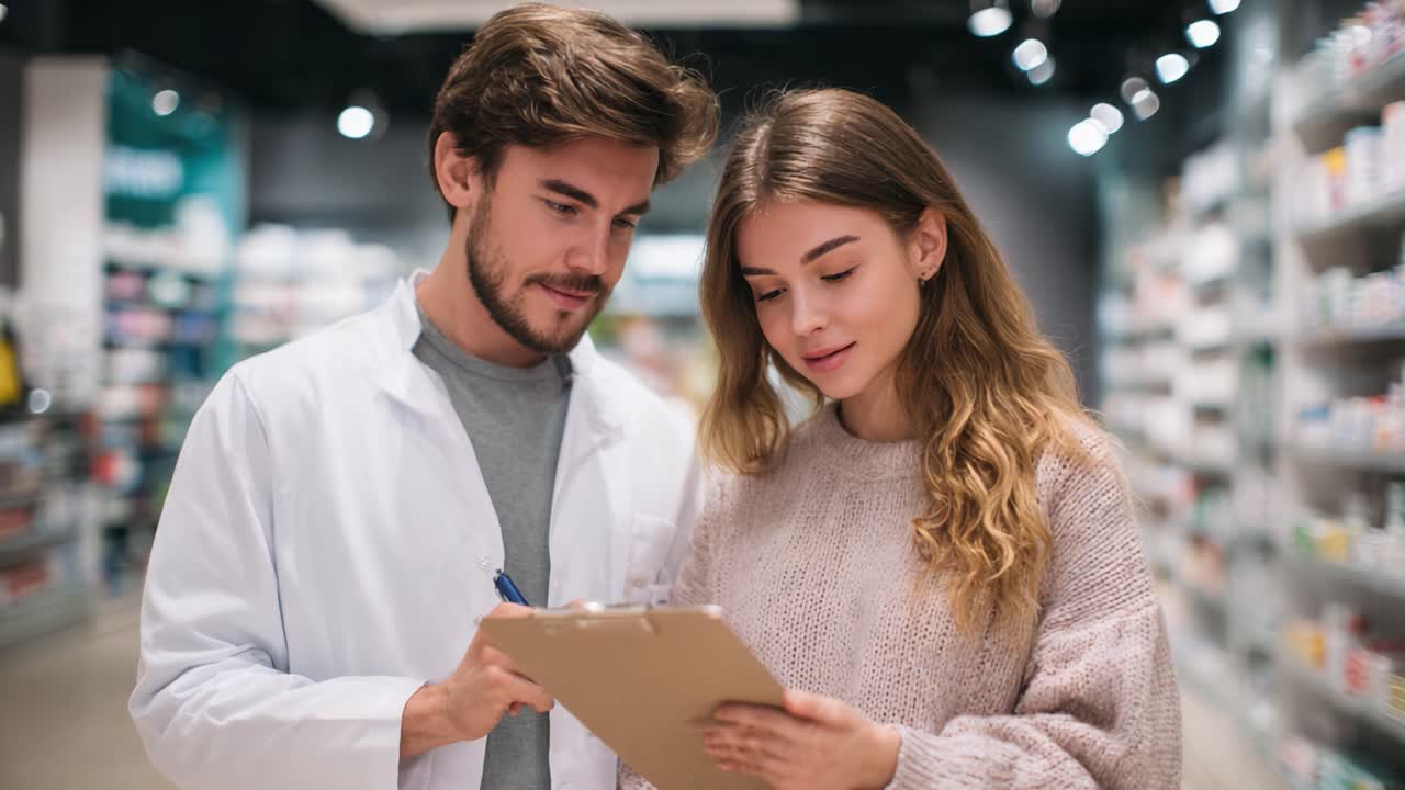 A Young Pharmacist and Customer Engage in a Thoughtful Discussion in a Modern Pharmacy Aisle, Highlighting Personalized Healthcare Advice and Engagement