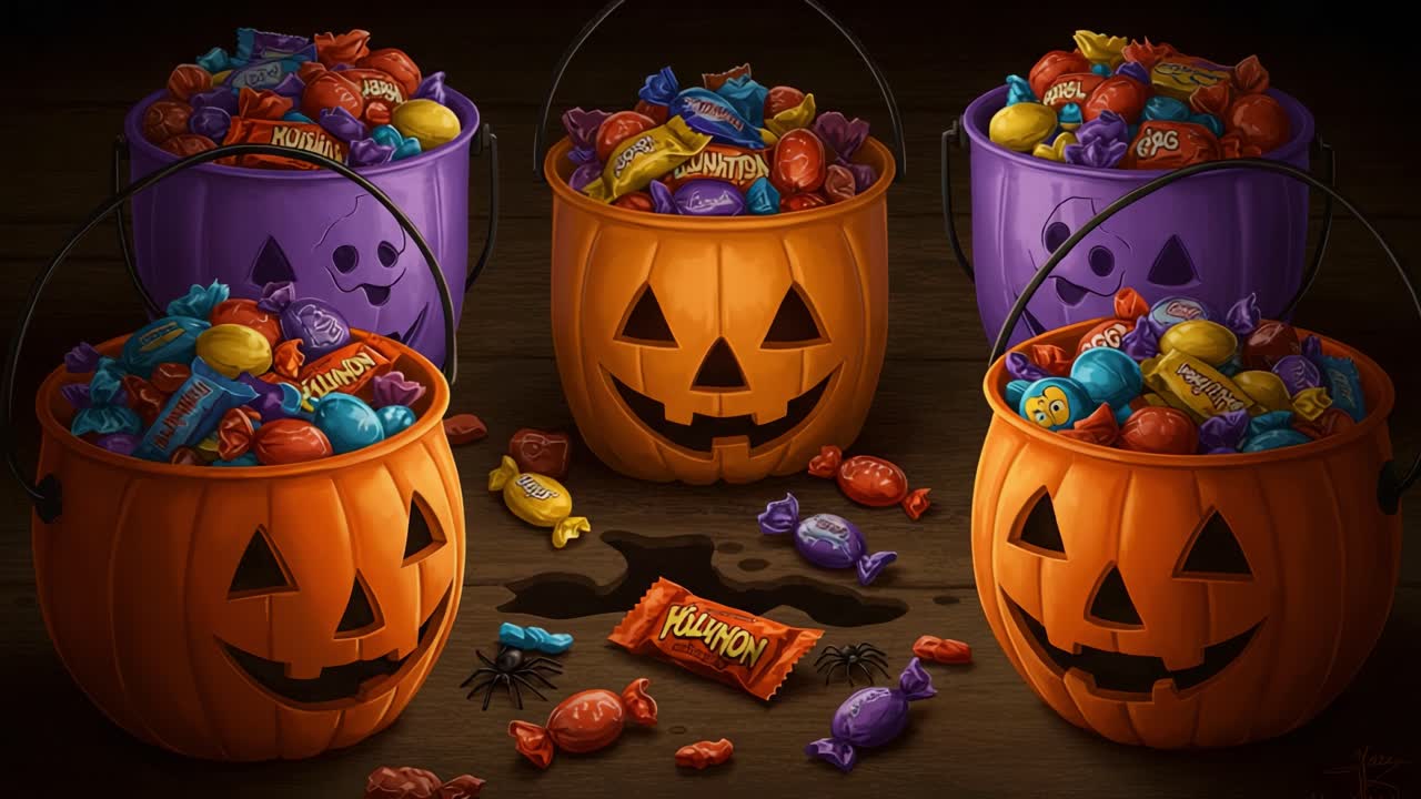 A Festive Collection of Colorful Halloween Treats in Jack-o'-Lantern Buckets Perfect for Celebrating the Spooky Season with Friends and Family