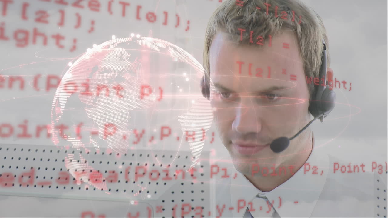 анимация глобуса и обработка данных над бизнесменом с помощью телефонной гарнитуры