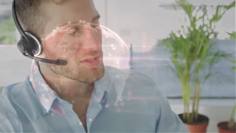 Animation-of-globe-over-business-man-using-phone-headset