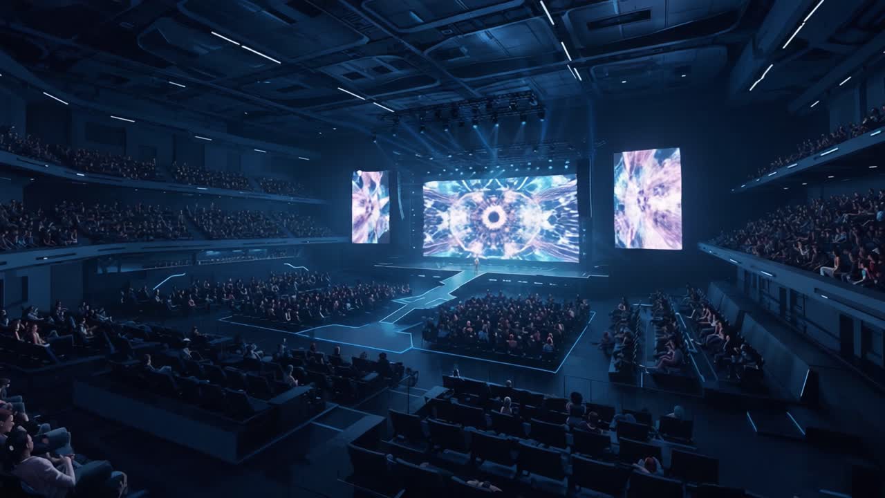 A Thrilling Light Show and Enthusiastic Audience in a Large Modern Arena Captivating Attendees with Stunning Visuals and a Memorable Experience