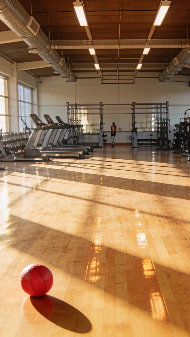 Vídeo vertical: Panorâmica da academia mostrando bola medicinal vermelha, homem entrando de shorts escuros para treinar, com espaço para texto