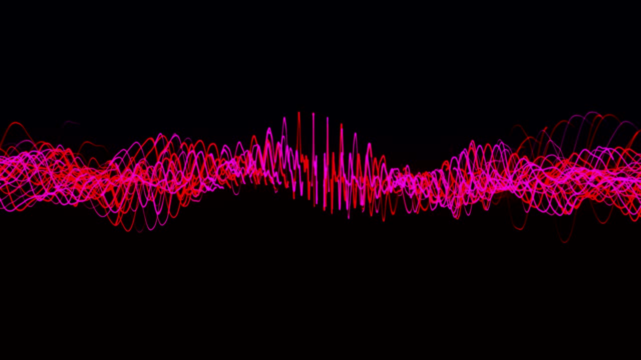추상적인 밝은 보라색과 분홍색 회전하는 음파는 검은색 배경에 고립되어 있으며, 끊임없는 루프, 애니메이션, 많은 은 선의 회전 소용돌이