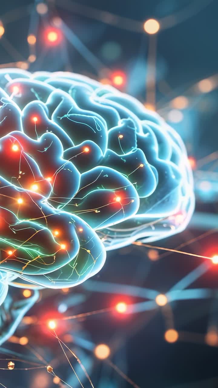 Vertical video: Initializing 3D brain model emerging in connection grid, pulsing nodes and sparks