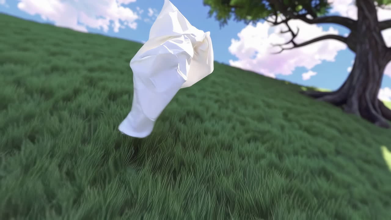 White Cloth Floating in a Grassy Field