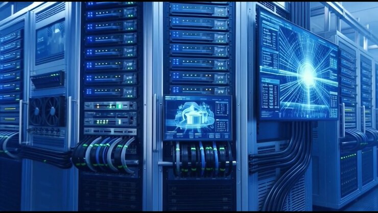 Modern Data Center Server Room with Glowing Digital Network Displays