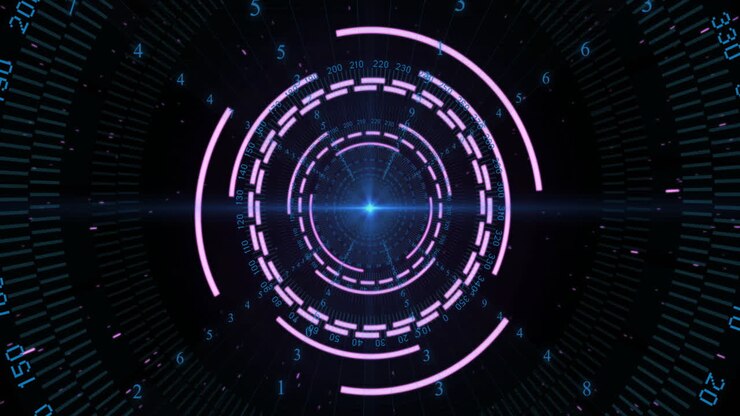 Animation of pink circular scanner, blue light and processing data on black background