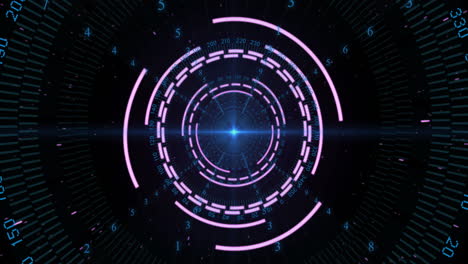 animación de escáner circular rosado, luz azul y procesamiento de datos sobre fondo negro