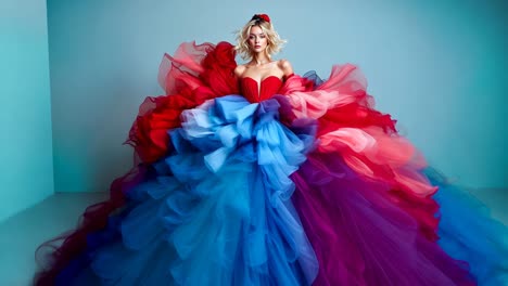 una mujer en un vestido rojo, blanco y azul con una flor en el cabello