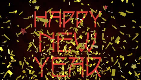 animación del texto de feliz año nuevo en rojo, con confeti dorado en fondo negro