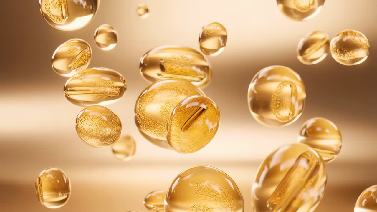 Golden Serum or Oil Droplets Floating Abstract Background