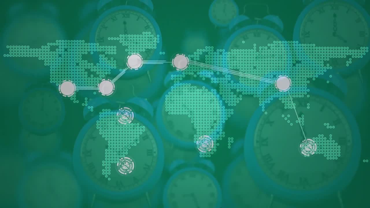 연결 네트워크와 세계 지도의 애니메이션이 여러 시계에 걸쳐 빠르게 움직입니다.