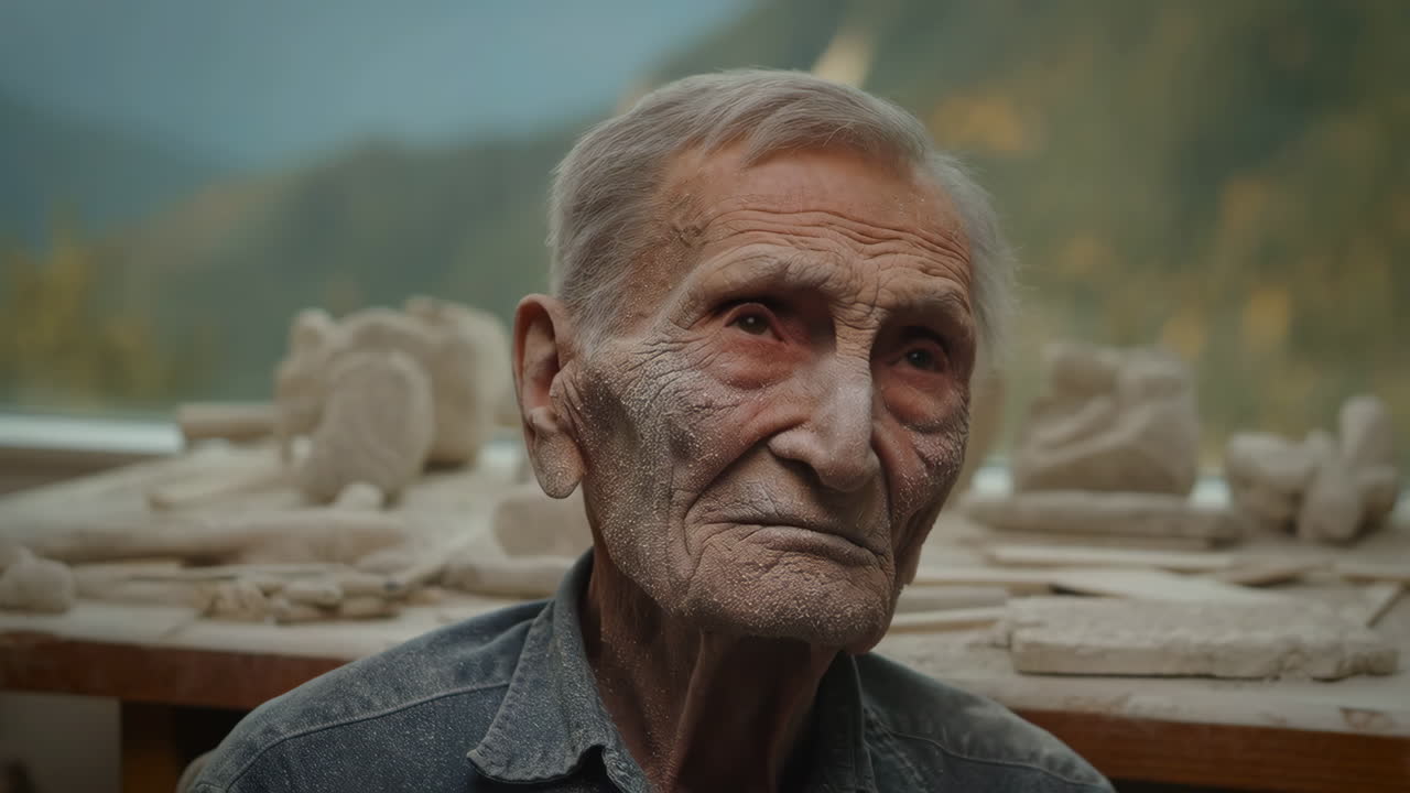 Close-up portrait of an elderly sculptor covered in dust in his workshop